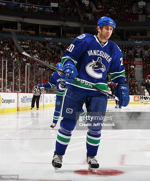 Guillaume Desbiens of the Vancouver Canucks skates to the bench during their game against the Dallas Stars at General Motors Place on October 11,...