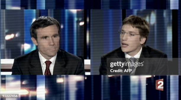 Tv grab taken from French TV channel France 2 shows elected councillor in Neuilly, Jean Sarkozy and TV journalist David Pujadas during France 2 eight...