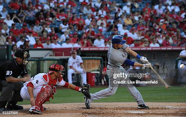 Craig Gentry of the Texas Rangers at bat against the Los Angeles Angels of Anaheim at Angel Stadium of Anaheim on October 1, 2009 in Anaheim,...