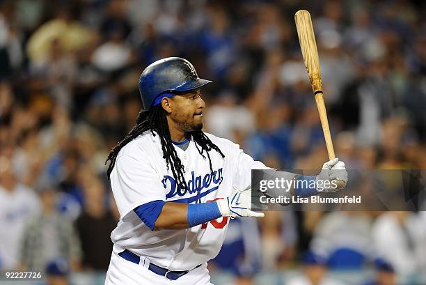 Manny Ramirez of the Los Angeles Dodgers at bat during the game against the Pittsburgh Pirates at Dodger Stadium on September 15, 2009 in Los...