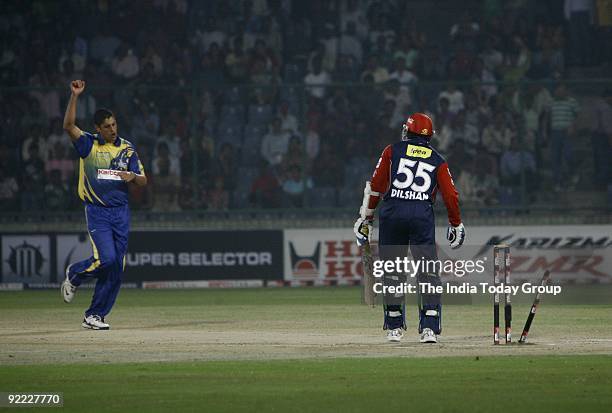 Player Tillakaratne Dilshan of Team Delhi Daredevils gets out during Champions League Twenty20 Super Eight match between Delhi Daredevils and Cape...