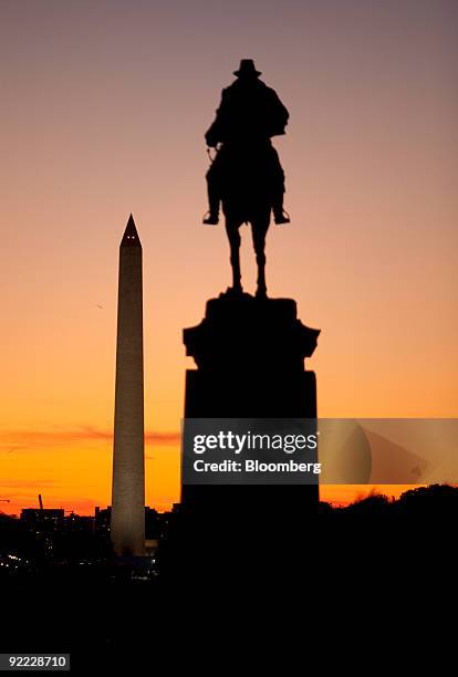 Statue of Ulysses S. Grant stands near the Capitol building with the Washington Monument in the background in Washington, D.C., U.S., on Monday, Oct....