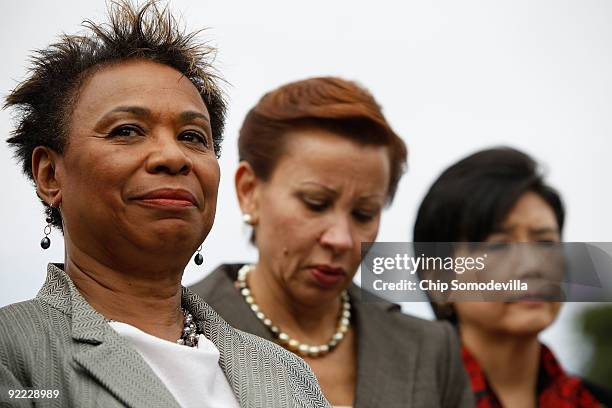 Congressional Black Caucus chair Rep. Barbara Lee , Congressional Hispanic Caucus chair Rep. Nydia Velazquez and Rep. Judy Chu participate in a news...