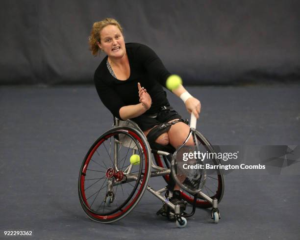 Aniek van Koot of the Netherlands in action during the 2018 Bolton Indoor Wheelchair Tennis Tournament at Bolton Arena on February 21, 2018 in...