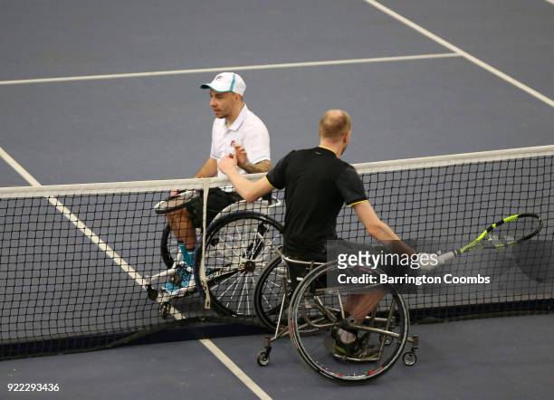 Andy Lapthorne of Great Britain celebrates beating Anders Hard of Sweden during the 2018 Bolton Indoor Wheelchair Tennis Tournament at Bolton Arena...