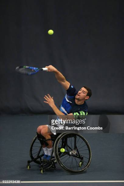 Joachim Gerard of Belgium in action during the 2018 Bolton Indoor Wheelchair Tennis Tournament at Bolton Arena on February 21, 2018 in Bolton,...