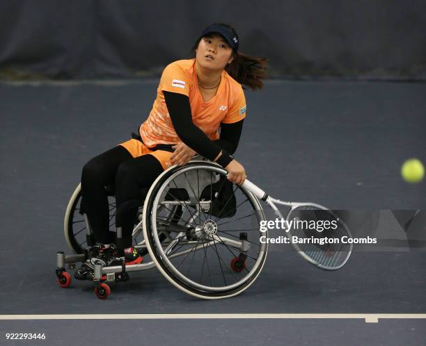 Saki Takamuro of Japan during the 2018 Bolton Indoor Wheelchair Tennis Tournament at Bolton Arena on February 21, 2018 in Bolton, England.