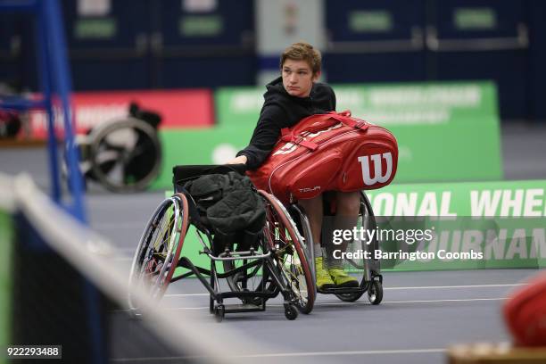 Jef Vandorpe of Belgium heads out to the court before his match during the 2018 Bolton Indoor Wheelchair Tennis Tournament at Bolton Arena on...