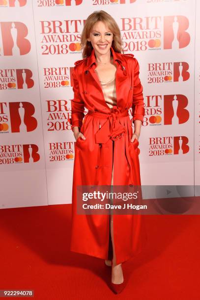 Kylie Minogue attends The BRIT Awards 2018 held at The O2 Arena on February 21, 2018 in London, England.