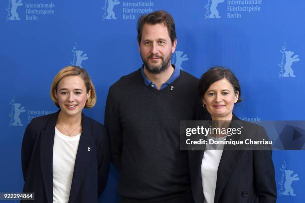 Alba August, Henrik Rafaelsen and Pernille Fischer Christensen pose at the 'Becoming Astrid' photo call during the 68th Berlinale International Film...