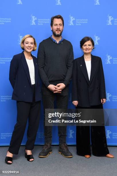 Alba August, Henrik Rafaelsen and Pernille Fischer Christensen pose at the 'Becoming Astrid' photo call during the 68th Berlinale International Film...