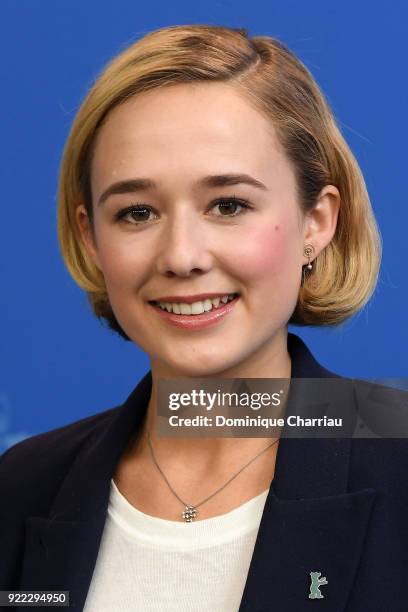 Alba August poses at the 'Becoming Astrid' photo call during the 68th Berlinale International Film Festival Berlin at Grand Hyatt Hotel on February...