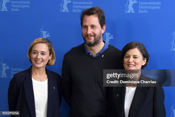 Alba August, Henrik Rafaelsen and Pernille Fischer Christensen pose at the 'Becoming Astrid' photo call during the 68th Berlinale International Film...