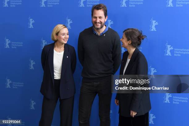 Alba August, Henrik Rafaelsen and Pernille Fischer Christensen pose at the 'Becoming Astrid' photo call during the 68th Berlinale International Film...