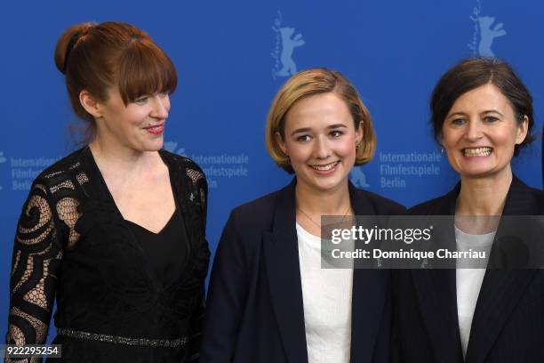 Maria Dahlin, Alba August and Pernille Fischer Christensen pose at the 'Becoming Astrid' photo call during the 68th Berlinale International Film...