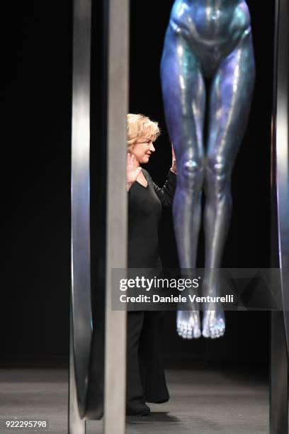 Designer Alberta Ferretti acknowledges the applause of the audience after the runway at the Alberta Ferretti show during Milan Fashion Week...