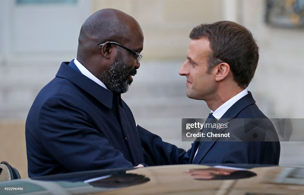 French President Emmanuel Macron Receives George Weah, President Of Liberia At Elysee Palace In Paris