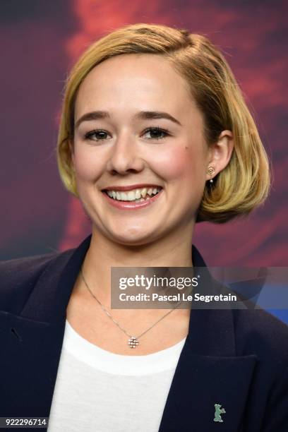 Alba August attends the 'Becoming Astrid' press conference during the 68th Berlinale International Film Festival Berlin at Grand Hyatt Hotel on...