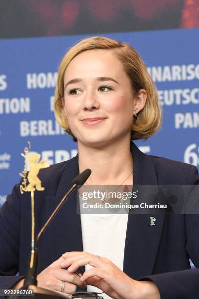 Alba August attends the 'Becoming Astrid' press conference during the 68th Berlinale International Film Festival Berlin at Grand Hyatt Hotel on...