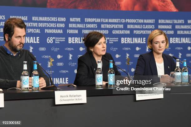 Henrik Rafaelsen, Pernille Fischer Christensen and Alba August attend the 'Becoming Astrid' press conference during the 68th Berlinale International...