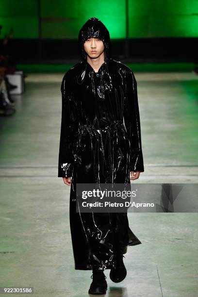 Model walks the runway at the Annakiki show during Milan Fashion Week Fall/Winter 2018/19 on February 21, 2018 in Milan, Italy.