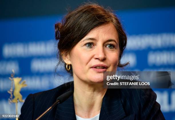 Danish film director Pernille Fischer Christensen speaks during a press conference to present the film "Becoming Astrid" presented in the "Berlinale...