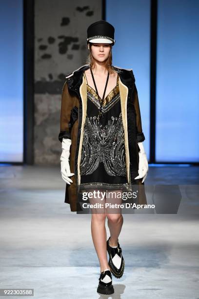 Model walks the runway at the N.21 show during Milan Fashion Week Fall/Winter 2018/19 on February 21, 2018 in Milan, Italy.