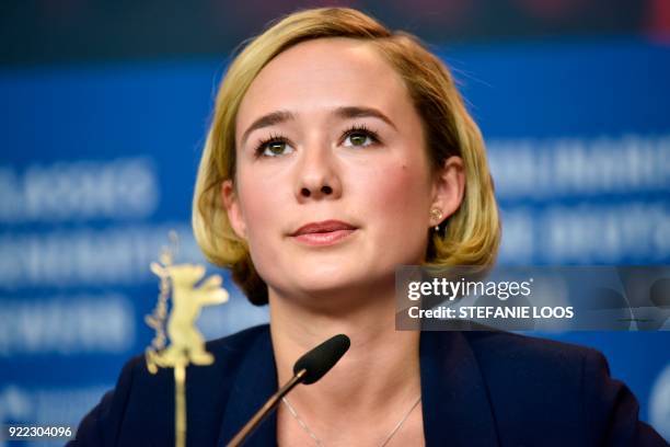 Danish actress Alba August speaks during a press conference to present the film "Becoming Astrid" presented in the "Berlinale special gala" category...