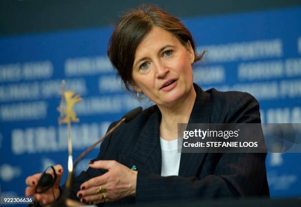 Danish film director Pernille Fischer Christensen speaks during a press conference to present the film "Becoming Astrid" presented in the "Berlinale...