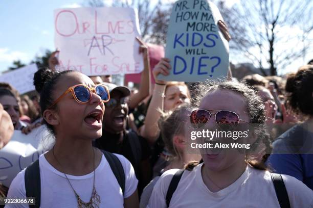 Students participate in a protest against gun violence February 21, 2018 on Capitol Hill in Washington, DC. Hundreds of students from a number of...