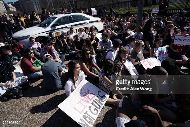 Students participate in a protest against gun violence February 21, 2018 outside the White House in Washington, DC. Hundreds of students from a...
