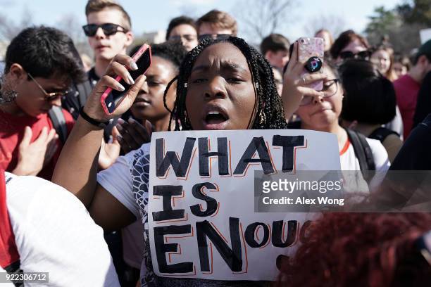 Students participate in a protest against gun violence February 21, 2018 on Capitol Hill in Washington, DC. Hundreds of students from a number of...