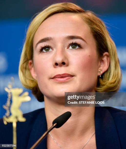 Danish actress Alba August speaks during a press conference to present the film "Becoming Astrid" presented in the "Berlinale special gala" category...