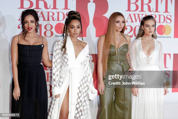 Jade Thirwall, Leigh-Anne Pinnock, Jesy Nelson and Perrie Edwards of Little Mix attend The BRIT Awards 2018 held at The O2 Arena on February 21, 2018...