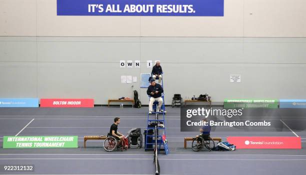 Competitors prepare for their match during the 2018 Bolton Indoor Wheelchair Tennis Tournament at Bolton Arena on February 21, 2018 in Bolton,...