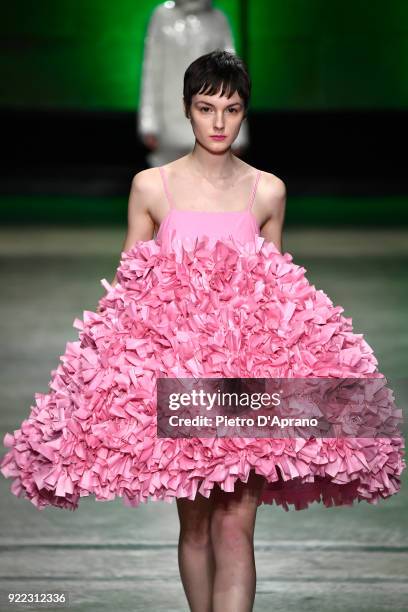 Model walks the runway at the Annakiki show during Milan Fashion Week Fall/Winter 2018/19 on February 21, 2018 in Milan, Italy.