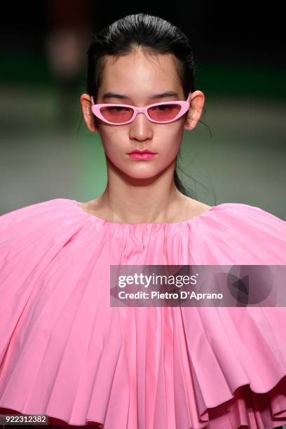 Model walks the runway at the Annakiki show during Milan Fashion Week Fall/Winter 2018/19 on February 21, 2018 in Milan, Italy.