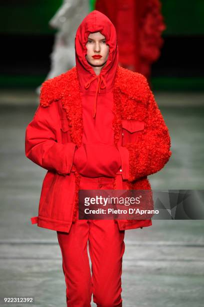 Model walks the runway at the Annakiki show during Milan Fashion Week Fall/Winter 2018/19 on February 21, 2018 in Milan, Italy.