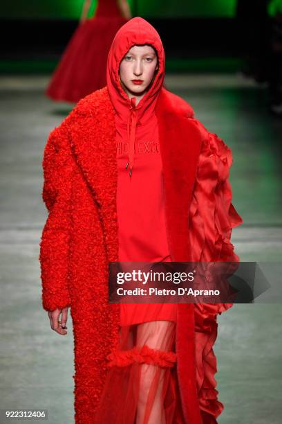 Model walks the runway at the Annakiki show during Milan Fashion Week Fall/Winter 2018/19 on February 21, 2018 in Milan, Italy.