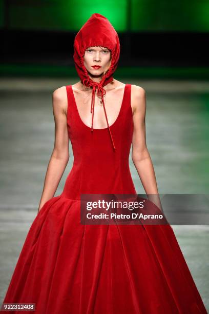 Model walks the runway at the Annakiki show during Milan Fashion Week Fall/Winter 2018/19 on February 21, 2018 in Milan, Italy.