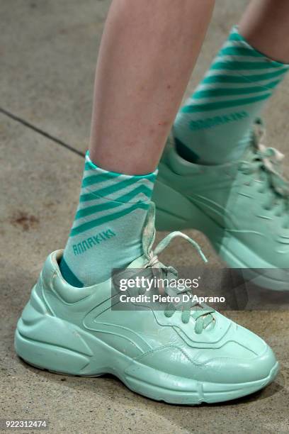 Model, shoe detail, walks the runway at the Annakiki show during Milan Fashion Week Fall/Winter 2018/19 on February 21, 2018 in Milan, Italy.