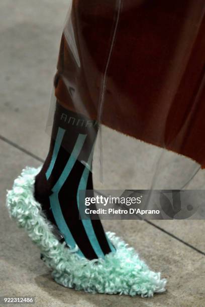 Model, shoe detail, walks the runway at the Annakiki show during Milan Fashion Week Fall/Winter 2018/19 on February 21, 2018 in Milan, Italy.