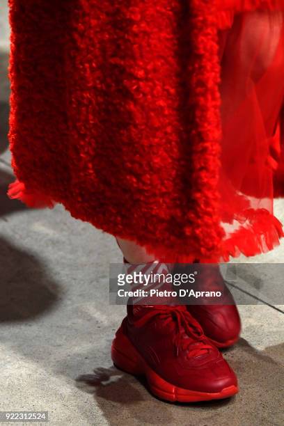 Model, shoe detail, walks the runway at the Annakiki show during Milan Fashion Week Fall/Winter 2018/19 on February 21, 2018 in Milan, Italy.