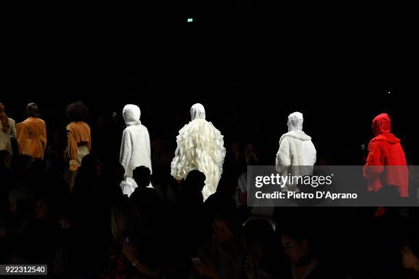 Models walk the runway at the Annakiki show during Milan Fashion Week Fall/Winter 2018/19 on February 21, 2018 in Milan, Italy.