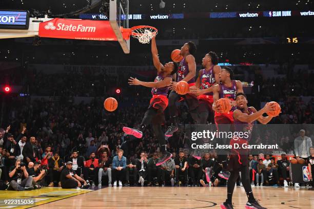 Donovan Mitchell of the Utah Jazz dunks the ball during the Verizon Slam Dunk Contest during State Farm All-Star Saturday Night as part of the 2018...