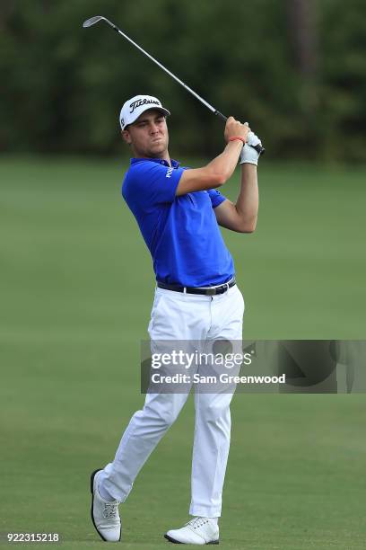 Justin Thomas plays a shot during the pro-am round prior to the Honda Classic at PGA National Resort and Spa on February 21, 2018 in Palm Beach...