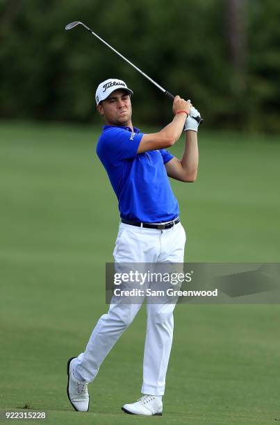 Justin Thomas plays a shot during the pro-am round prior to the Honda Classic at PGA National Resort and Spa on February 21, 2018 in Palm Beach...