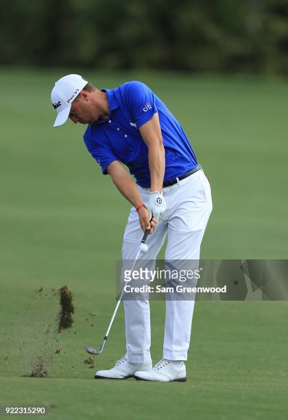 Justin Thomas plays a shot during the pro-am round prior to the Honda Classic at PGA National Resort and Spa on February 21, 2018 in Palm Beach...