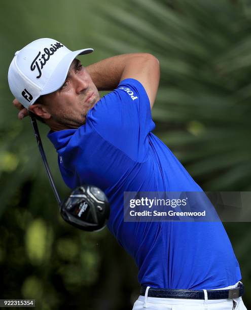 Justin Thomas plays a shot during the pro-am round prior to the Honda Classic at PGA National Resort and Spa on February 21, 2018 in Palm Beach...