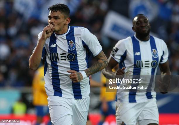 Porto forward Tiquinho Soares from Brazil celebrates after scoring a goal during the Primeira Liga match between GD Estoril Praia and FC Porto at...